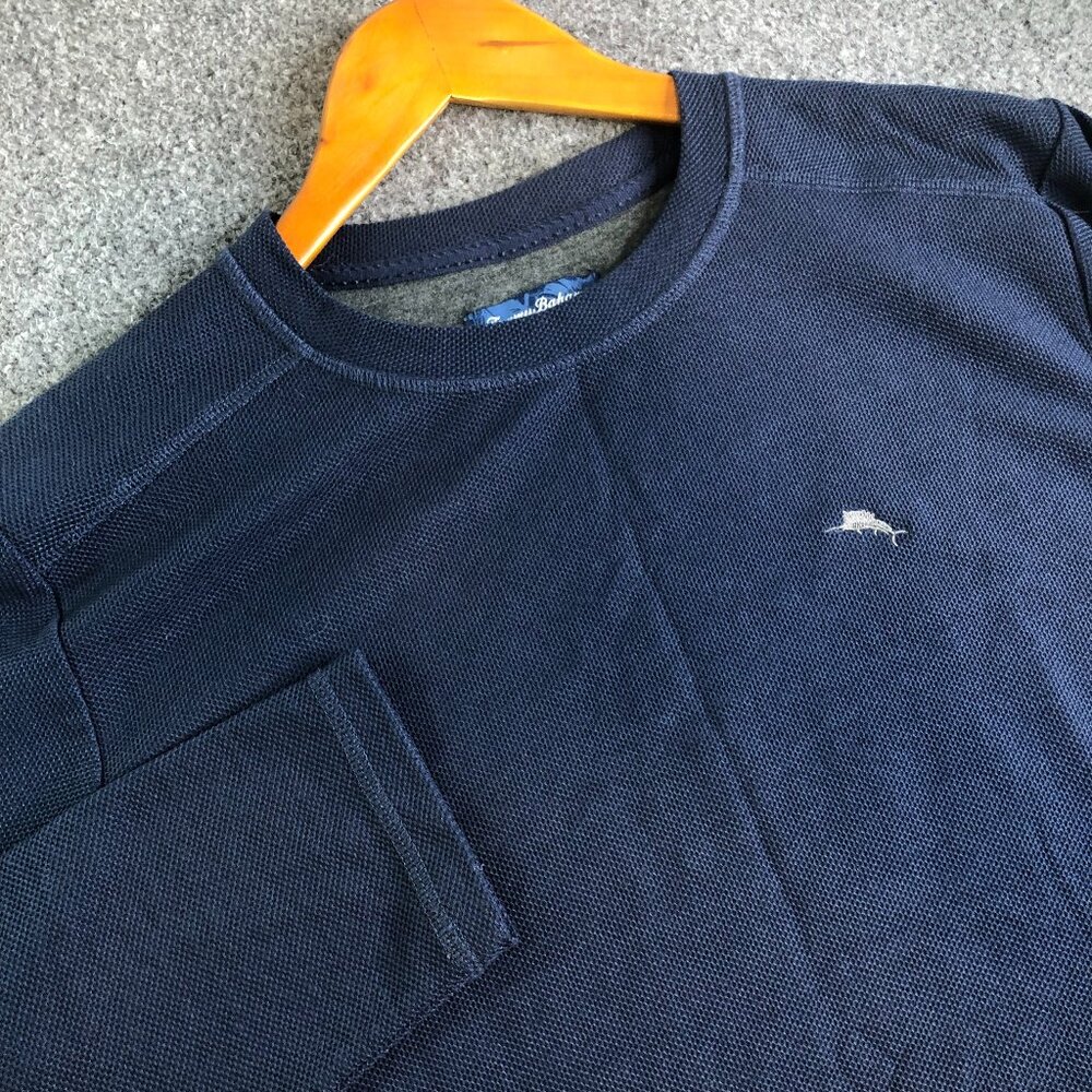 Tommy Bahama Shirt Mens Medium Navy Waffle Knit Long Sleeve Crewneck Marlin Logo
